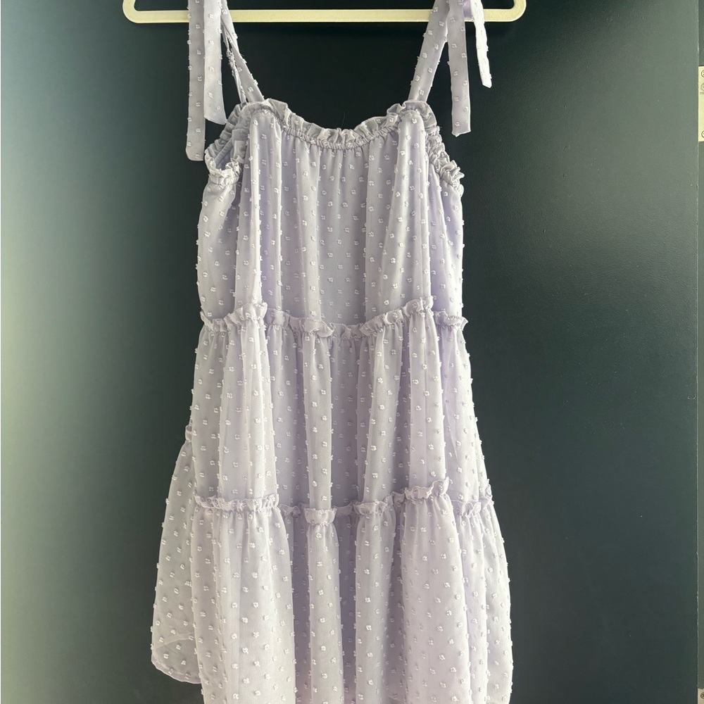 Altar'd State Lilac Swiss Dot Tiered Tie-Shoulder Mini Dress